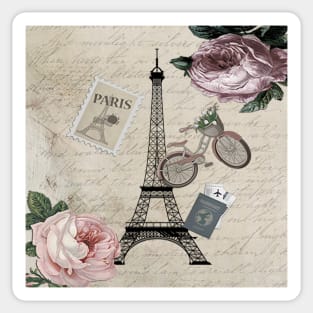 Paris France Pink Roses, Eiffel Tower French Vintage Love Letters Sticker